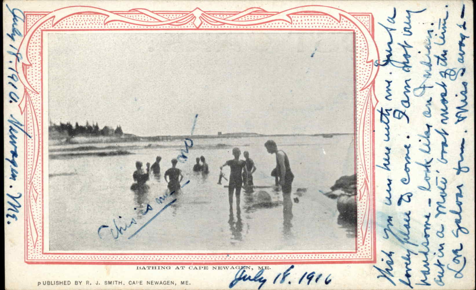 Cape Newagen Maine ME Bathing Scene c1900s-10s Postcard