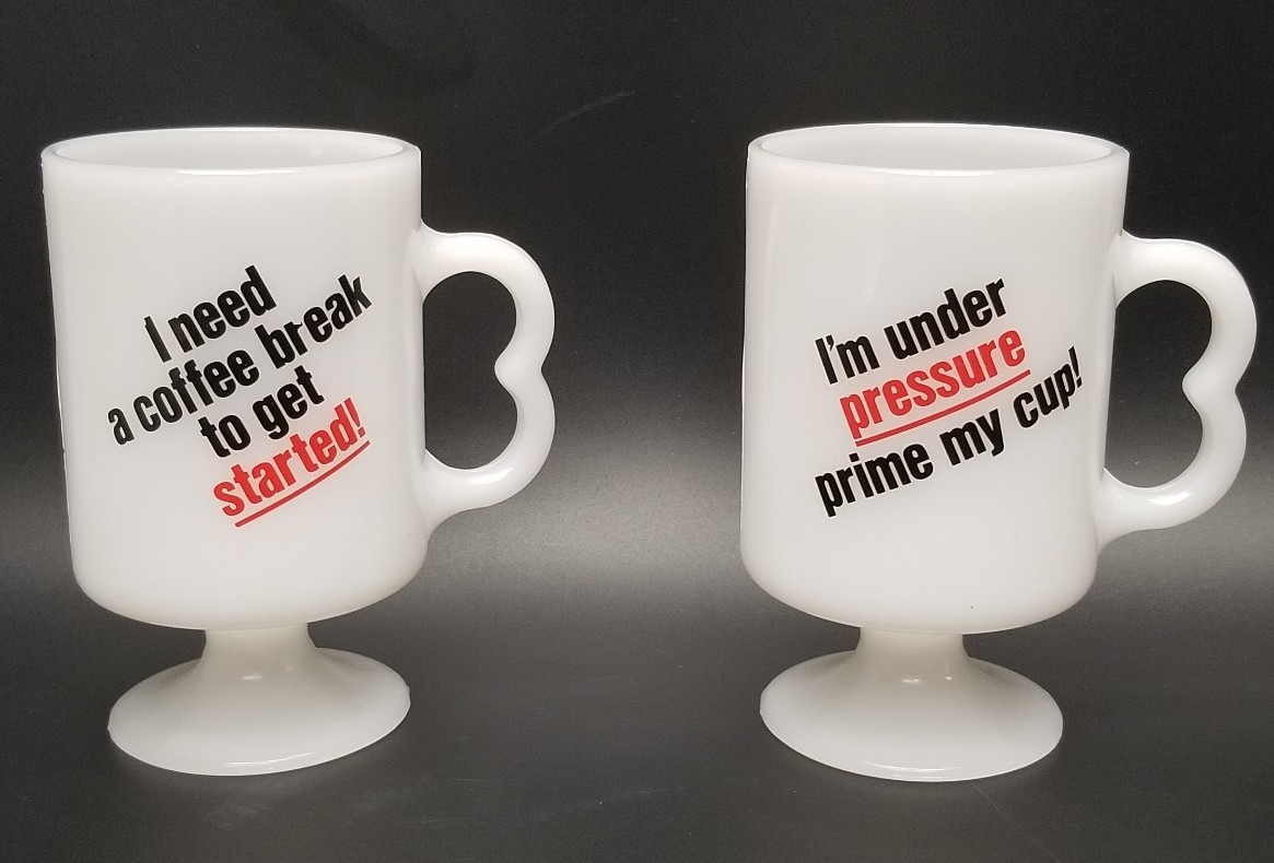 Vtg Industrial Comic Relief White Milk Glass Footed Oedestal Coffee Mug Set Of 2