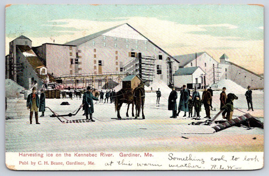Antique Maine Postcard GARDINER Kennebec River Ice Harvesting 1908