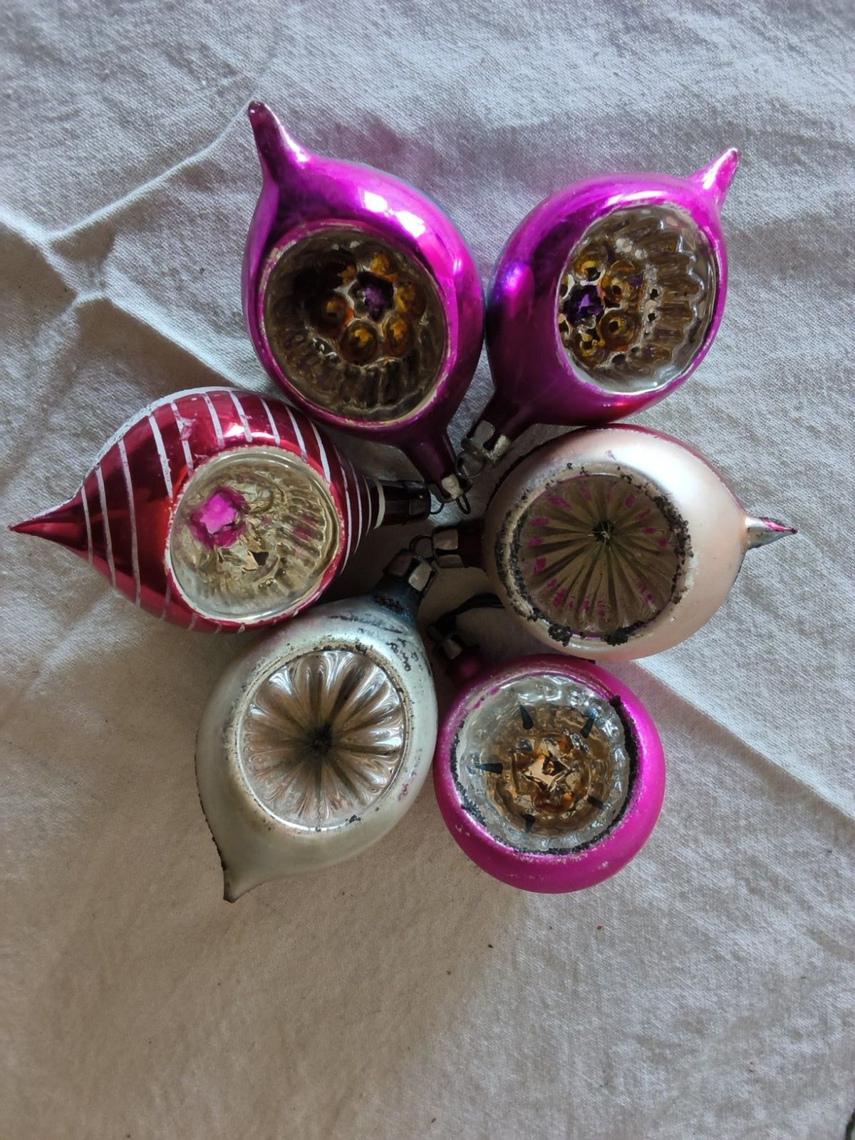 Set of 6 Mid-century Polish Blown Glass Indent Christmas Ornaments Hand-painted