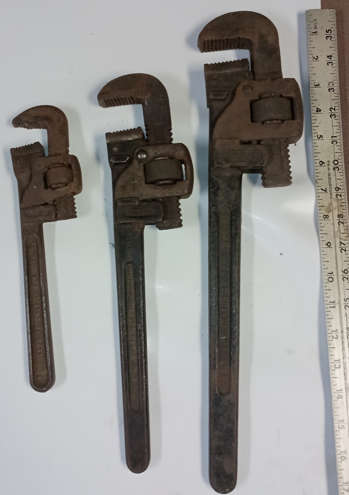 TRIMO (3) Nos. 10, 14, 18 Trimont Mfg. Co Vintage Adjustable Pipe Wrenches Lot