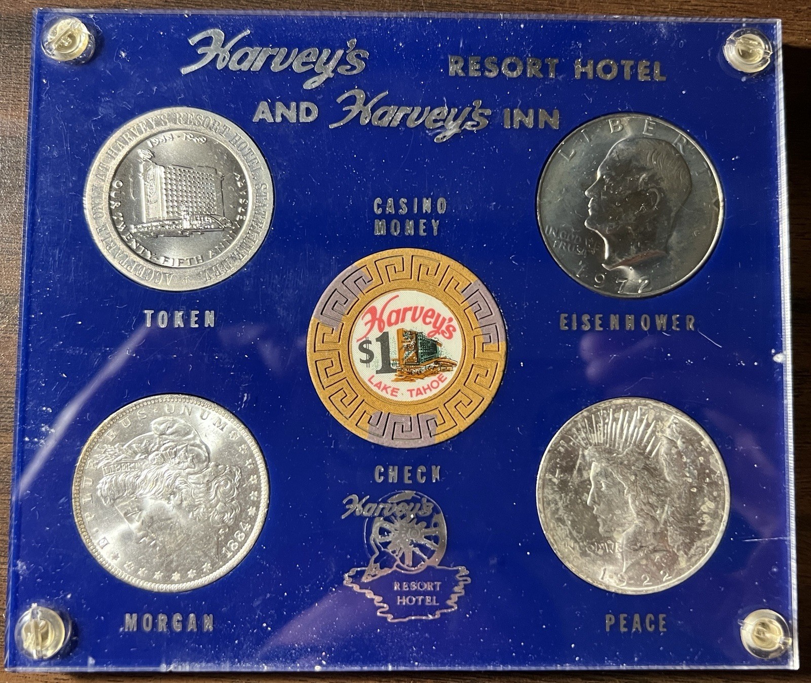 Harvey’s Lake Tahoe Casino Money Plaque W/ Silver Dollars, Casino Token, Chip