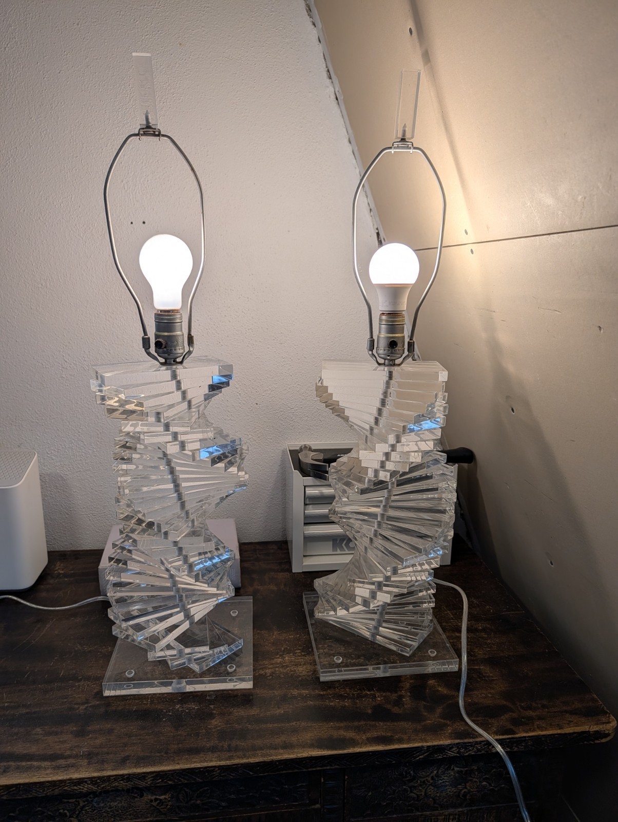 Beautiful Mid Century Modern Lucite Helix Lamp Set