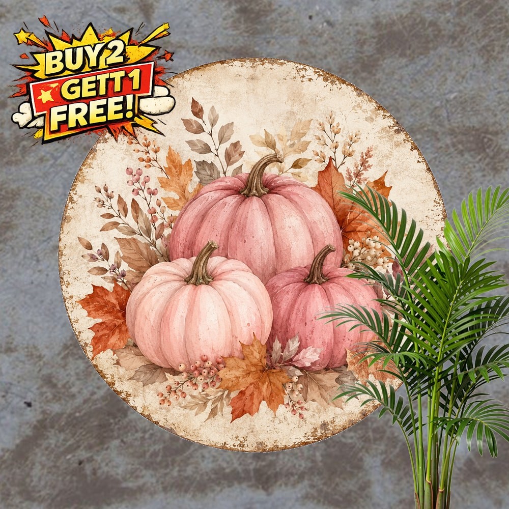 Farmhouse Pink Autumn Pumpkin Fall Leaves Round Metal Sign Decor 8x8