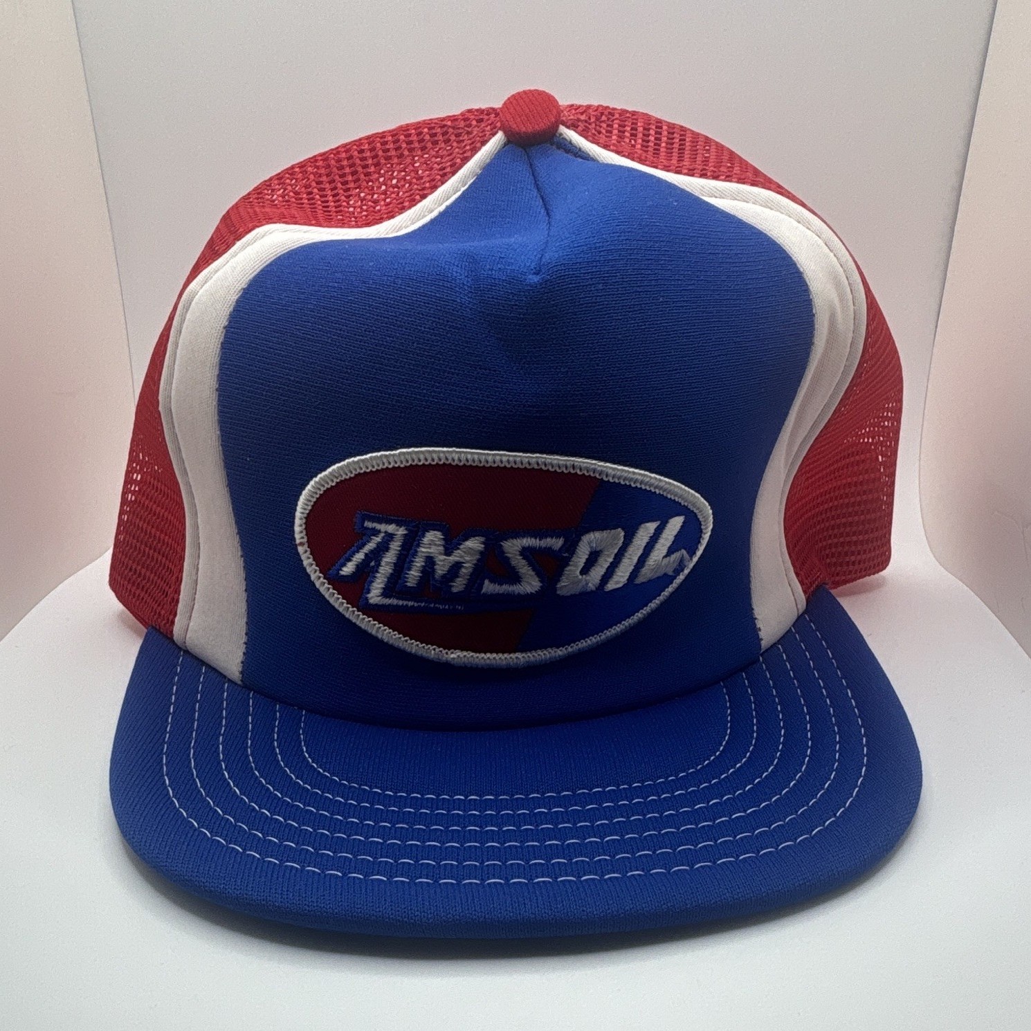 Vintage AMSOIL Gas & Oil Trucker Hat Mesh Snapback Cap - RWB. Made in USA