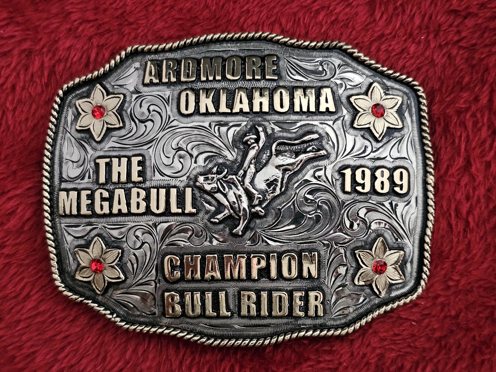 MegaBull Rodeo Bull Rider Champion☆TROPHY BUCKLE☆Ardmore Oklahoma☆1989☆RARE☆T57