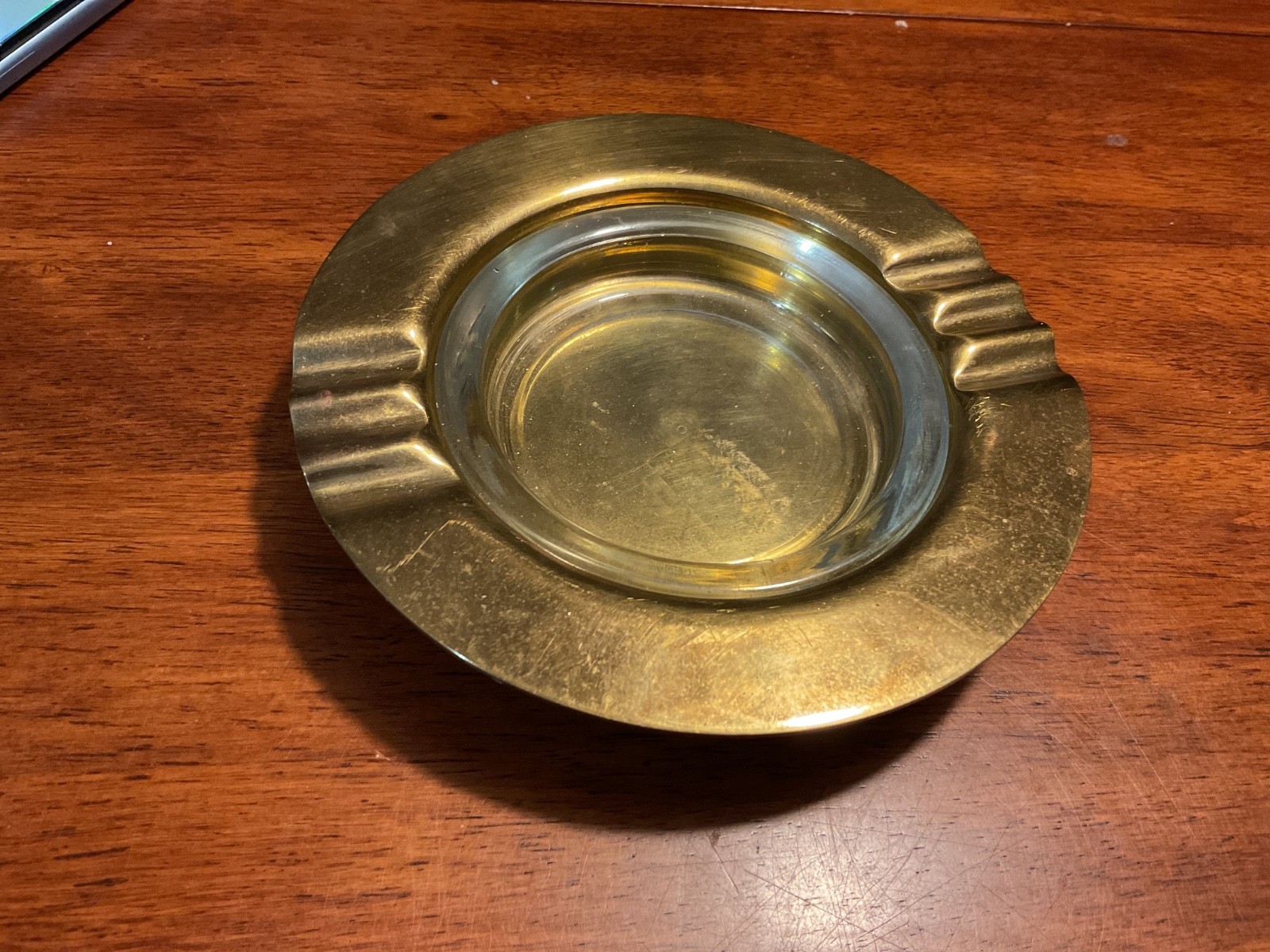 Vtg Midcentury 1970s Solid Brass Ash Tray Brass Trinket Dish 6” W/glass Insert