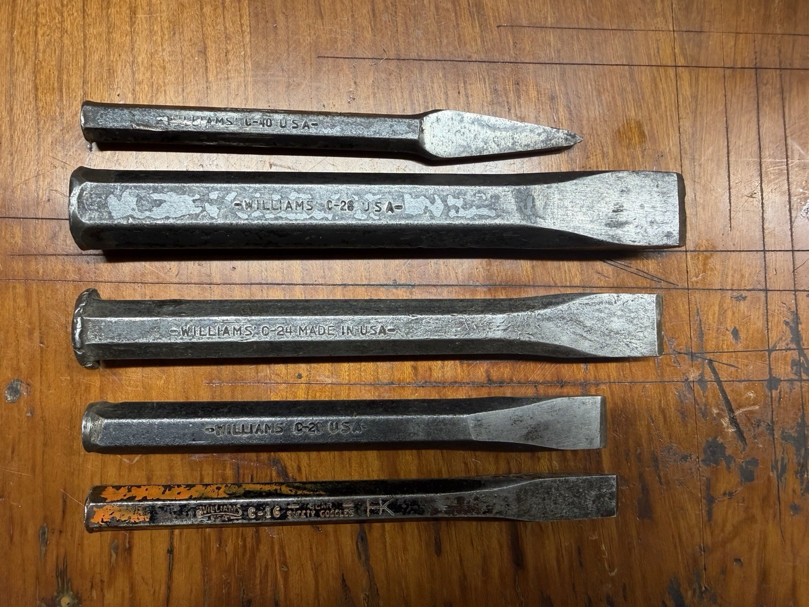 Vintage Williams Forged Steel Chisel Set - 5 Piece Mechanic / Machinist Lot