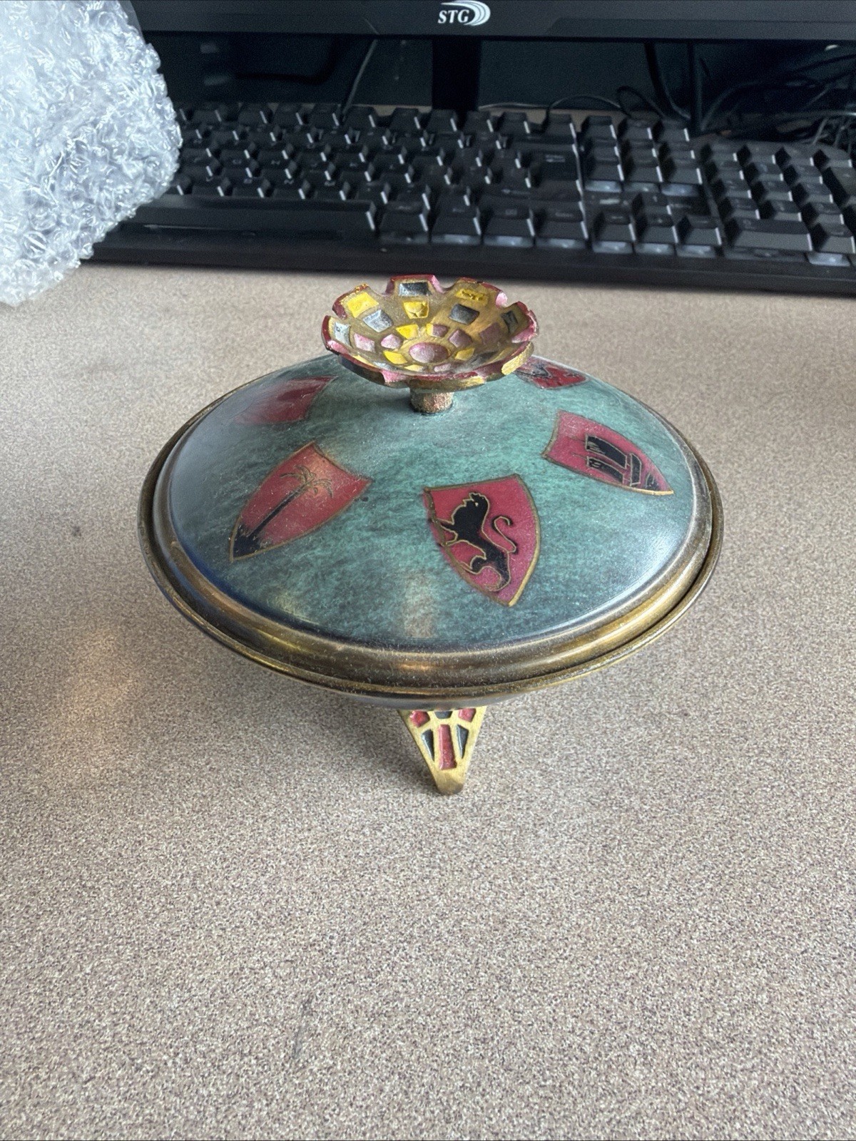 Vintage Hakuli Made In Israel brass Footed Trinket Dish dish With Lid MCM Vintage Hakuli Made In Israel brass Footed Trinket Dish dish With Lid MCM