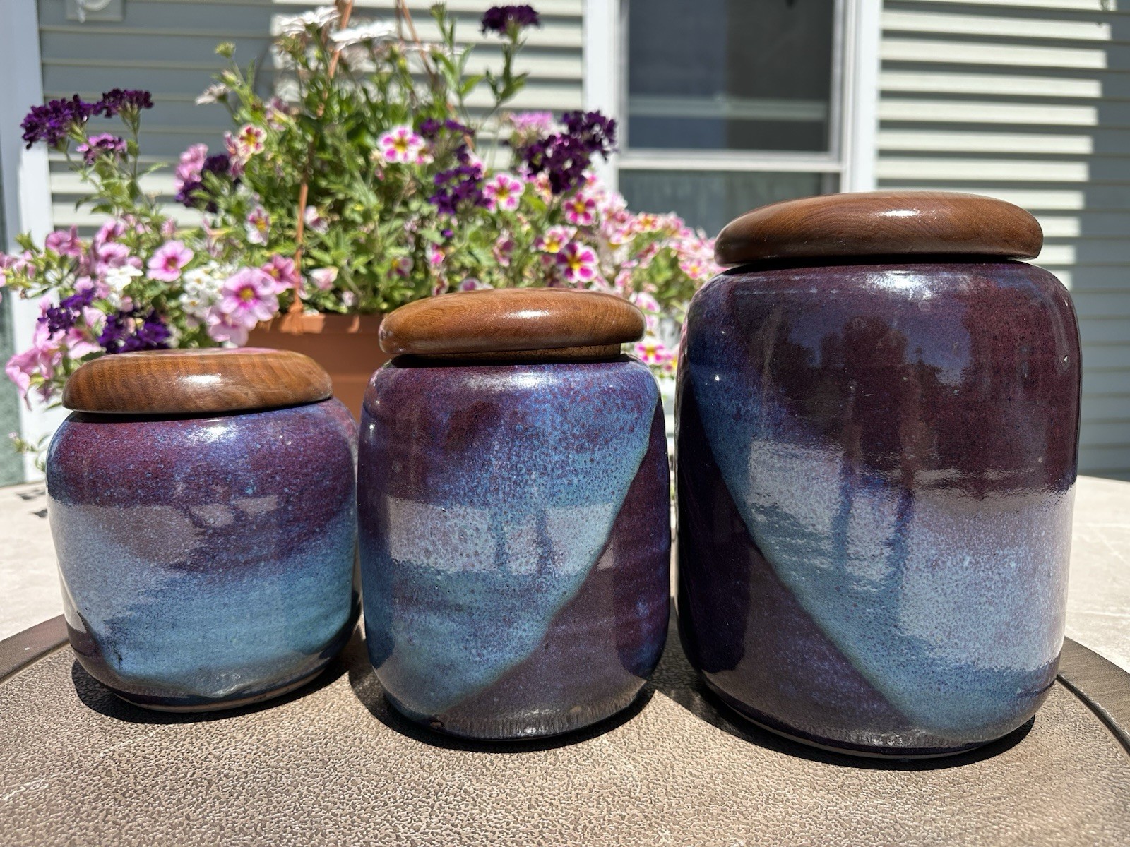 3 Mid-Century Modern Art Studio Pottery Canisters Purple Blue Glaze Wood Lids