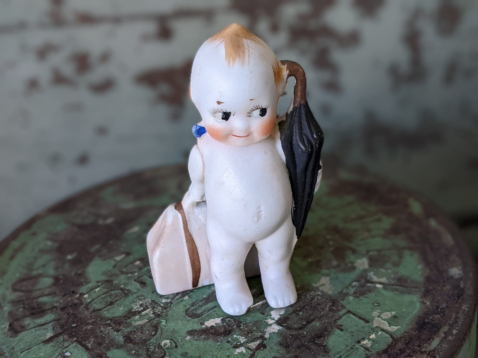 1930s Bisque Kewpie Figurine with Suitcase & Umbrella - Made in Japan