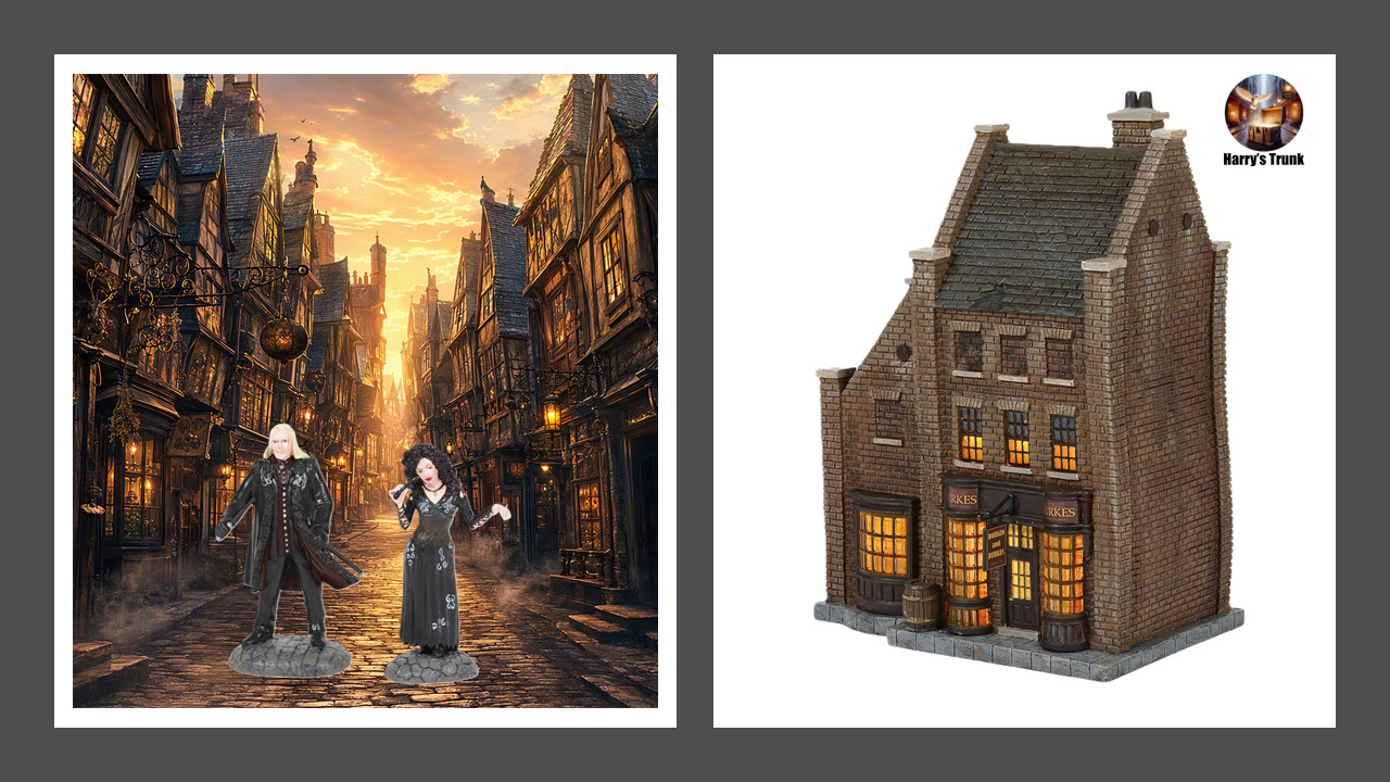 Dept 56 Harry Potter Borgin & Burkes Lit Building, Lucius, Bellatrix Value Set