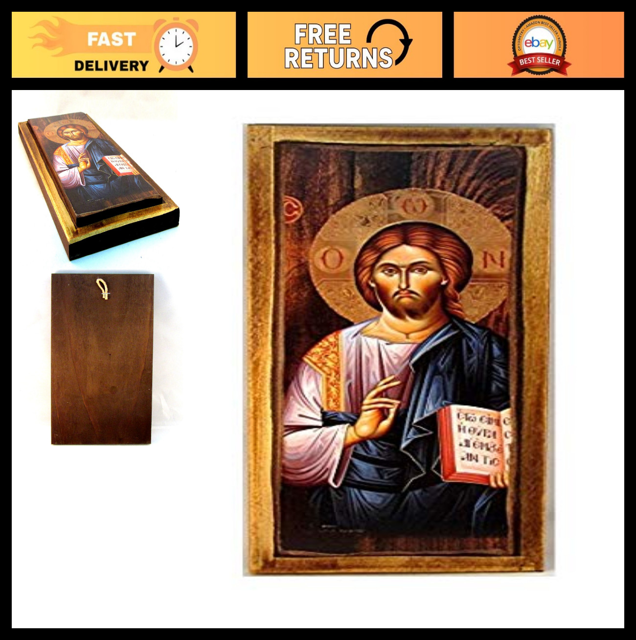 Handcrafted Wooden Greek Orthodox Icon of Jesus Christ - Religious Wall Art Deco