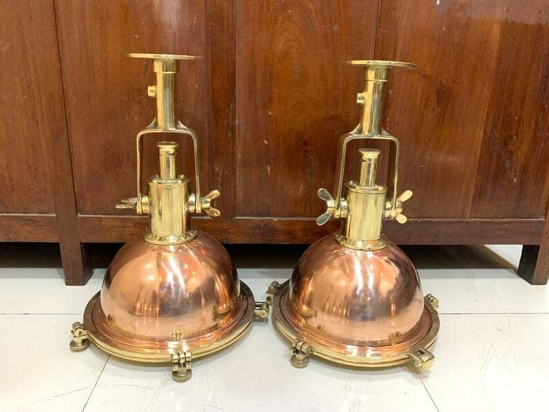 Pair of Vintage Brass & Copper Nautical Pendant Lights Industrial Marine Ceiling