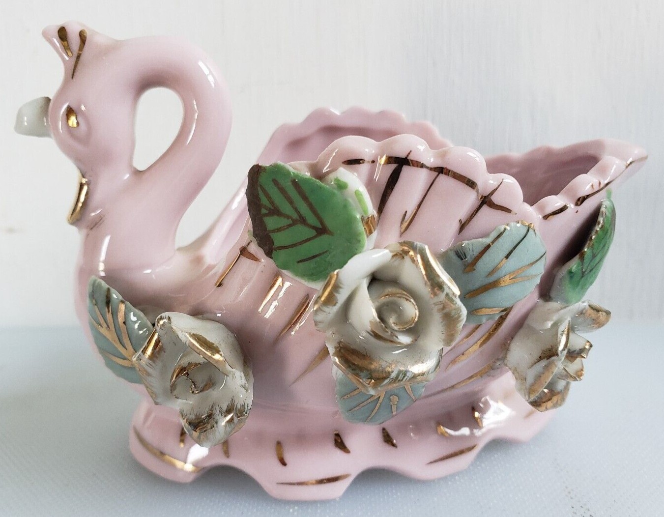 Vintage Pink Swan Planter Figural Floral Porcelain 5