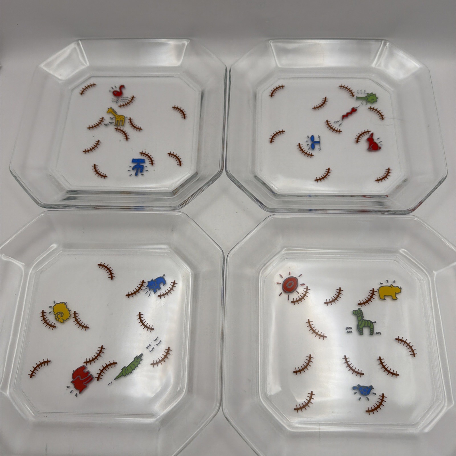 Rare Japan Toyo Sasaki Glass ‘ Animal Land ‘ Puzzle Plates~Set of 4
