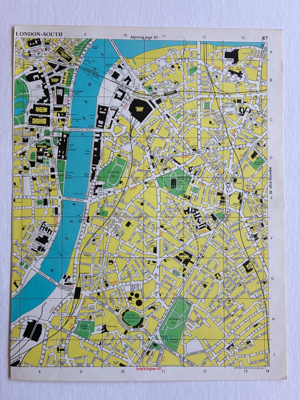 Vintage London Map United Kingdom River Thames Kennington Park Parliament Square