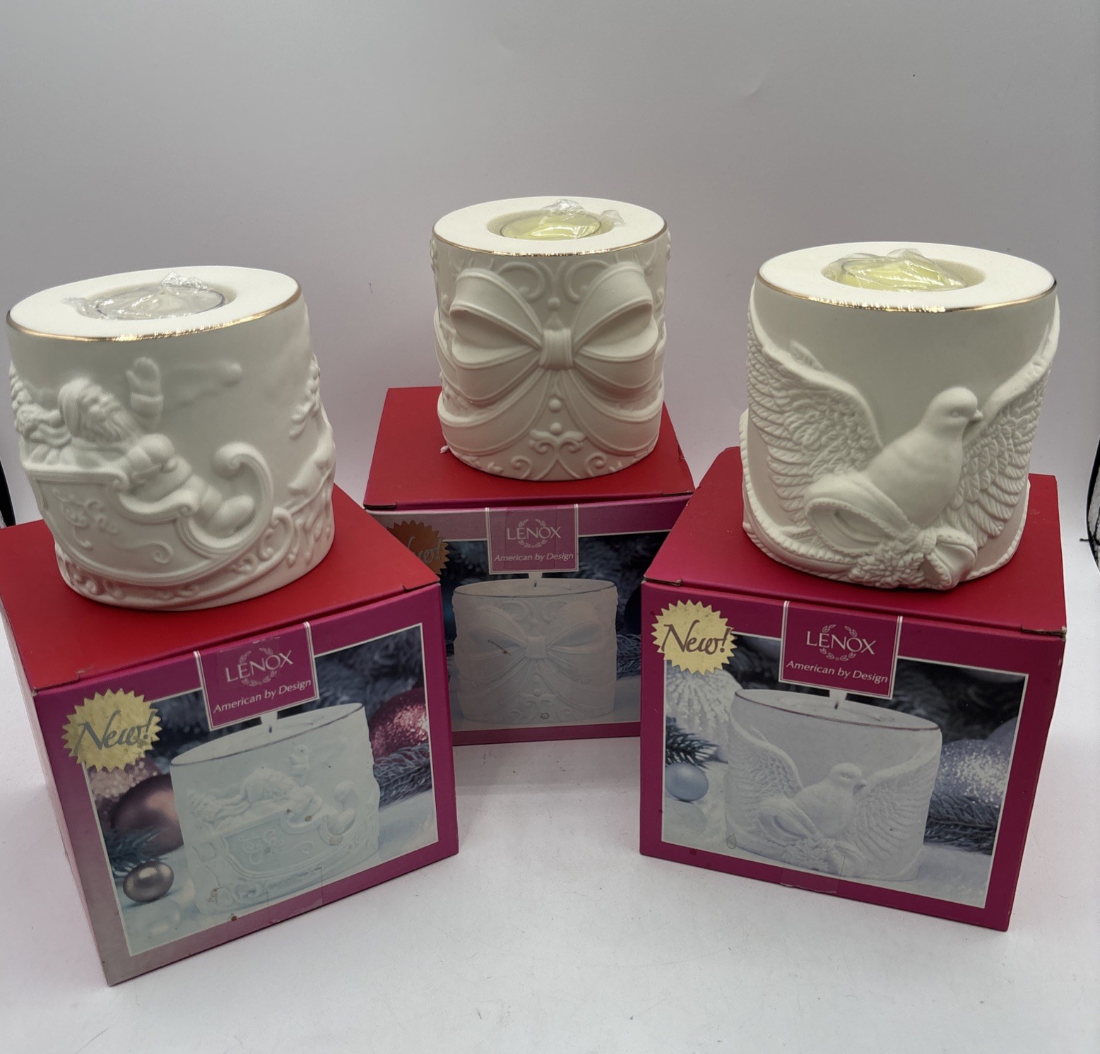 Lenox Radiant Light Votive Candle Holders Set of 3 Santa, Bow, Dove New In Box Lenox Radiant Light Votive Candle Holders Set of 3 Santa, Bow, Dove New In Box