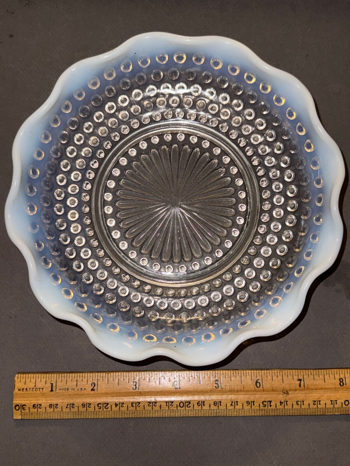 WHITE OPALESCENT HOBNAIL SCALLOPED RUFFLED EDGE CANDY BOWL DISH 7.5