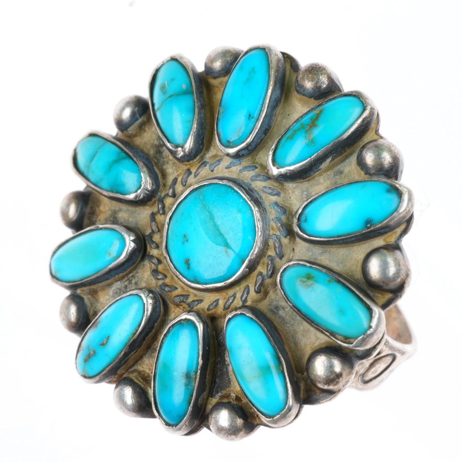 sz6.5 30s-40\'s vintage Navajo sterling silver turquoise cluster ring fancy shank