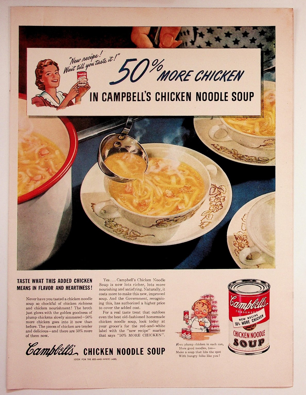 Vintage Campbell\'s Chicken Noodle Soup 1950s Magazine Print Ad 50% More Chicken