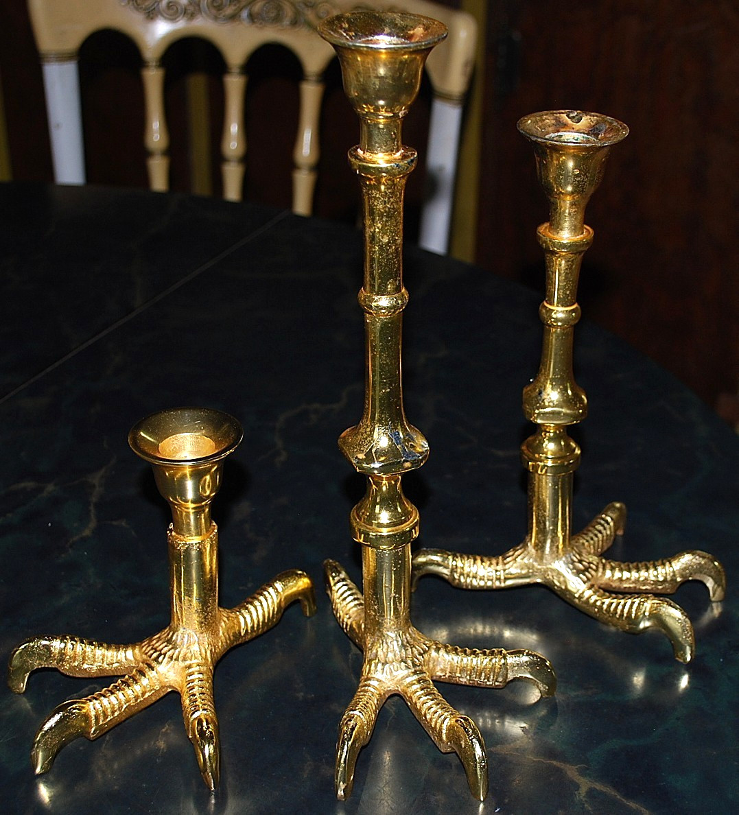Vtg Set 3 FIGURAL BRASS RAVEN/EAGLE CLAW FEET Candlestick Holders 11.25