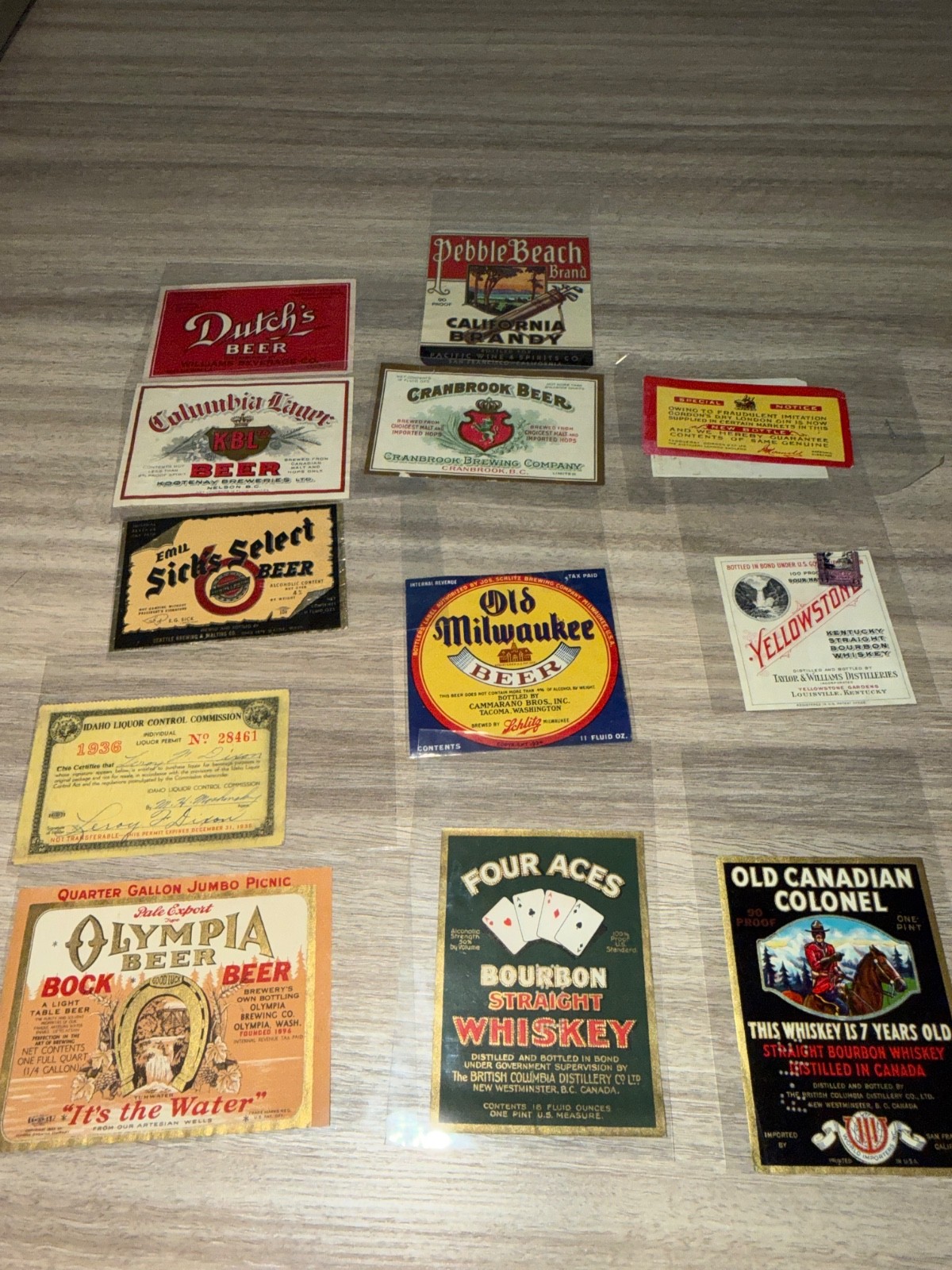 Vintage 1930s Beer Whiskey Label Lot Olympia Sick’s Select Four Aces Yellowstone