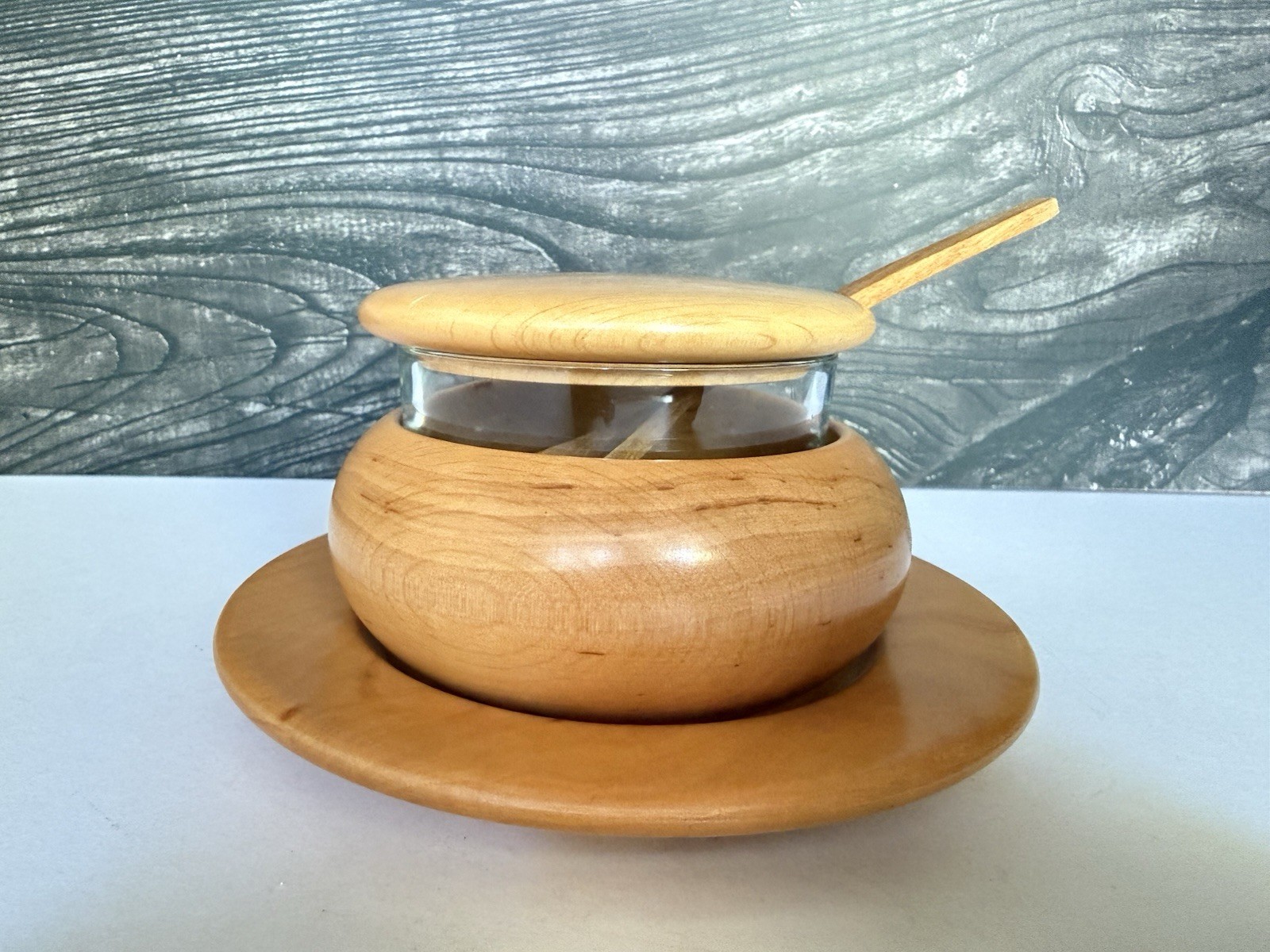 Vintage Manzoni Pietro For Vietri Wooden Glass Parmesan Condiment Serving Dish Vintage Manzoni Pietro For Vietri Wooden Glass Parmesan Condiment Serving Dish