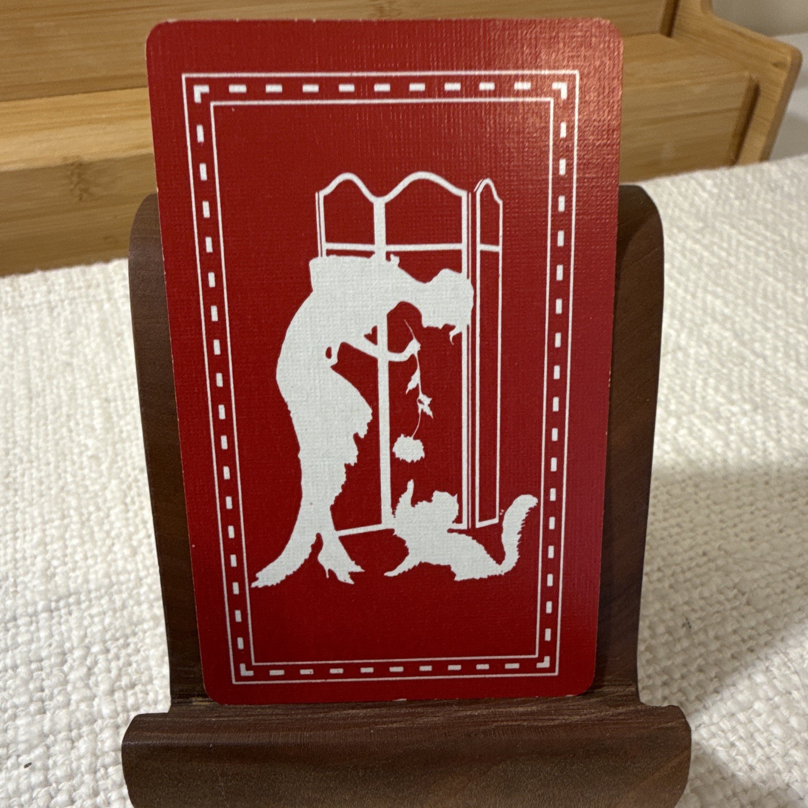 Vintage NOS Linen Silhouette Art Deco Lady with Kitty Single Playing Card-Red