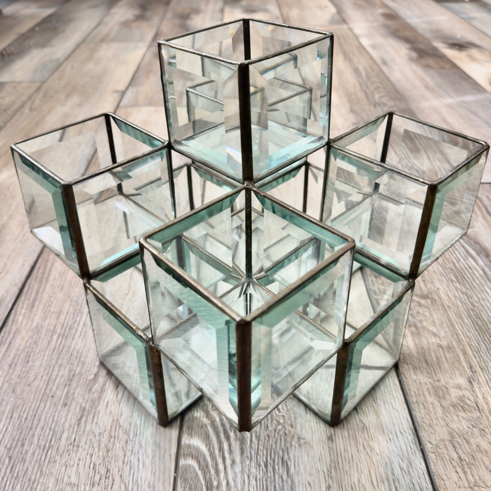 Vintage Beveled Glass & Metal Candle Votive Holder Decor Centerpiece