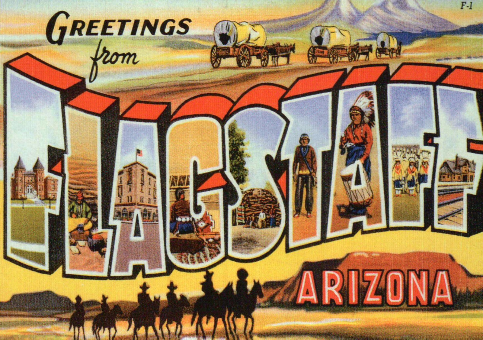 Greetings from Flagstaff Arizona, Covered Wagons -- Modern Large Letter Postcard