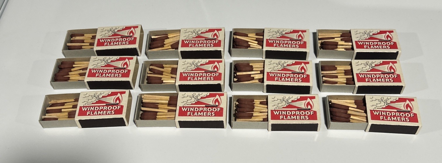 12 Vtg Bryant & May Windproof Flamers Matchbox Lot Thick Utility Box England