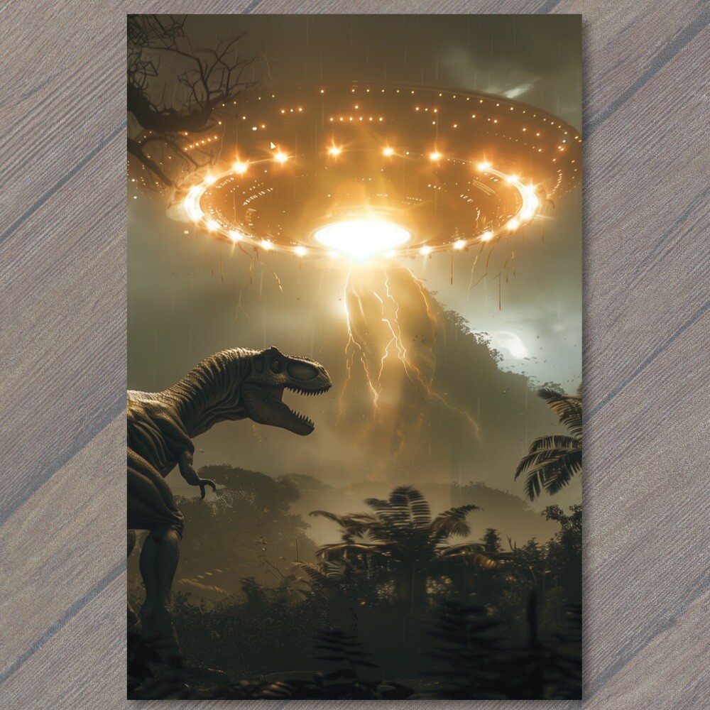 POSTCARD UFO Dinosaur Alien Flying Saucer T Rex Weird Unusual Strange Funny