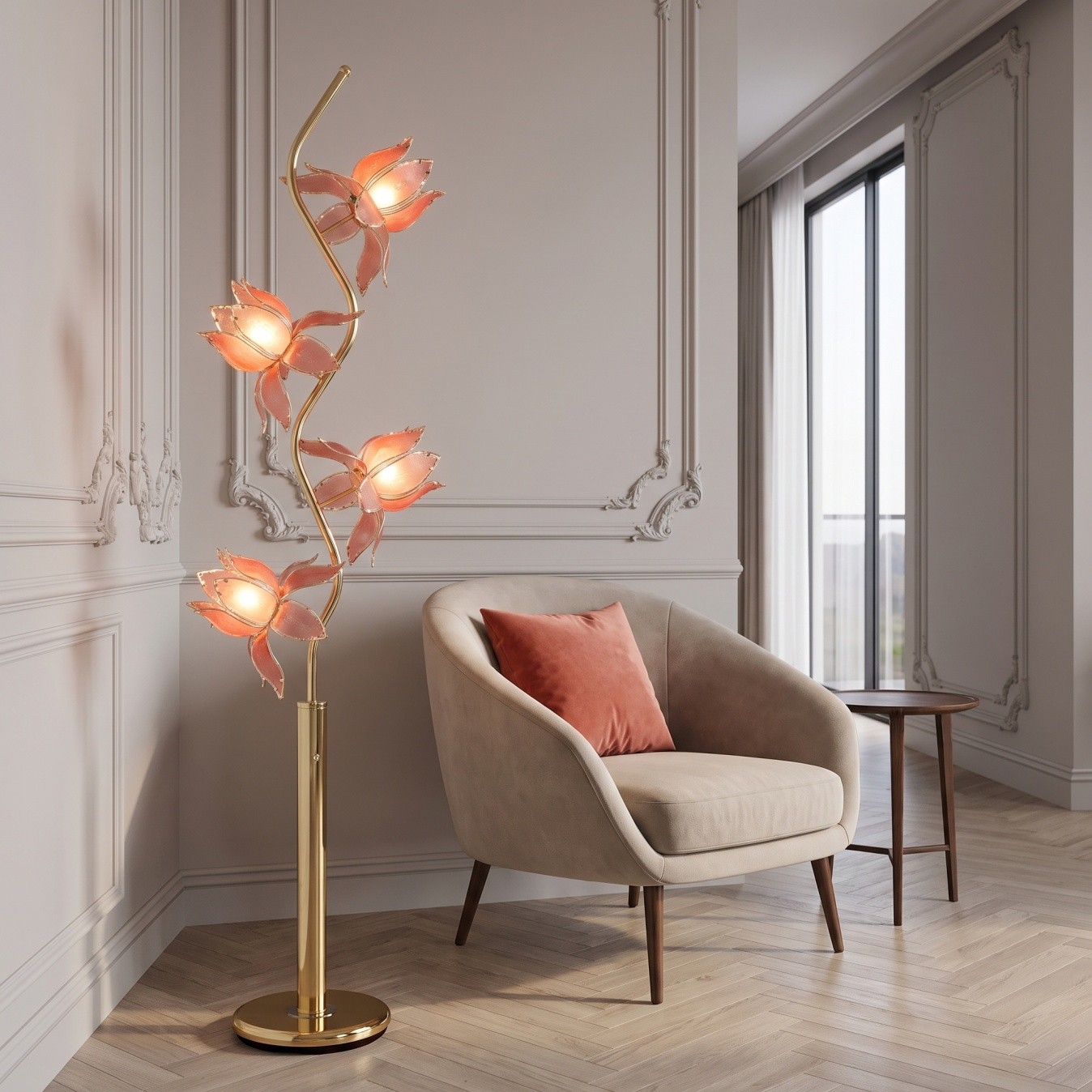 Luxury Vintage Style Pink Glass Lotus Flower Floor Lamp Gold Stand 73