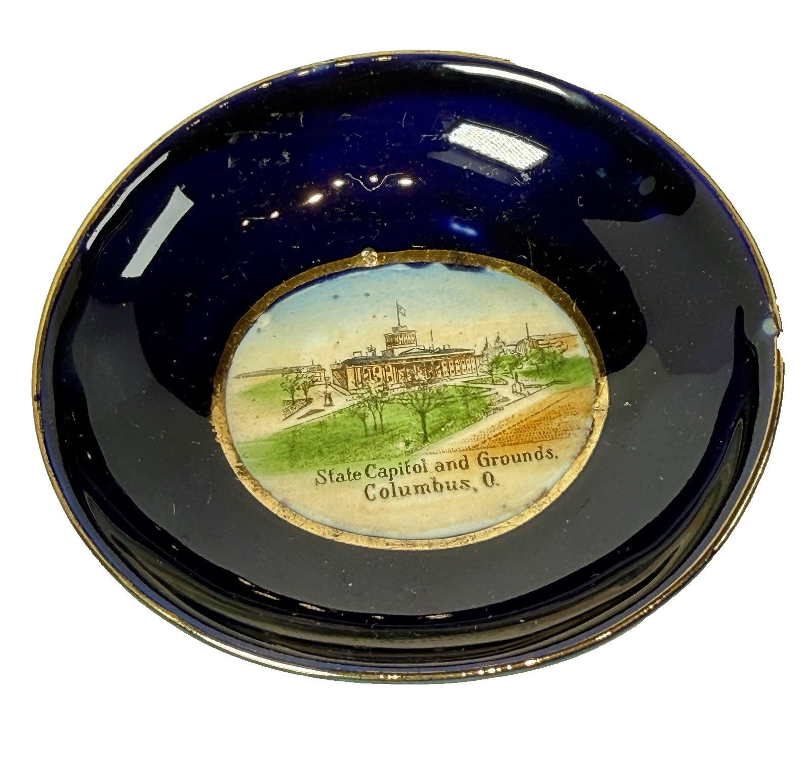 COLUMBUS OHIO OH Antique Souvenir Cobalt Blue Porcelain STATE CAPITOL Trinket