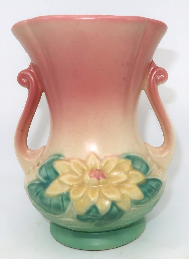 HULL American Pottery WATER LILY, #L4, Peach, Green, Yellow Matte Vase, 6 1/2\
