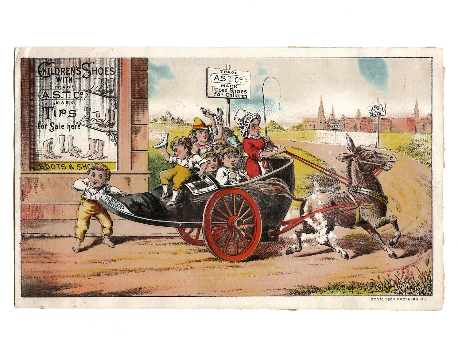 Victorian Trade Card 1800s Donkey Mule Pulling People in Giant Shoe Cart ASTCo