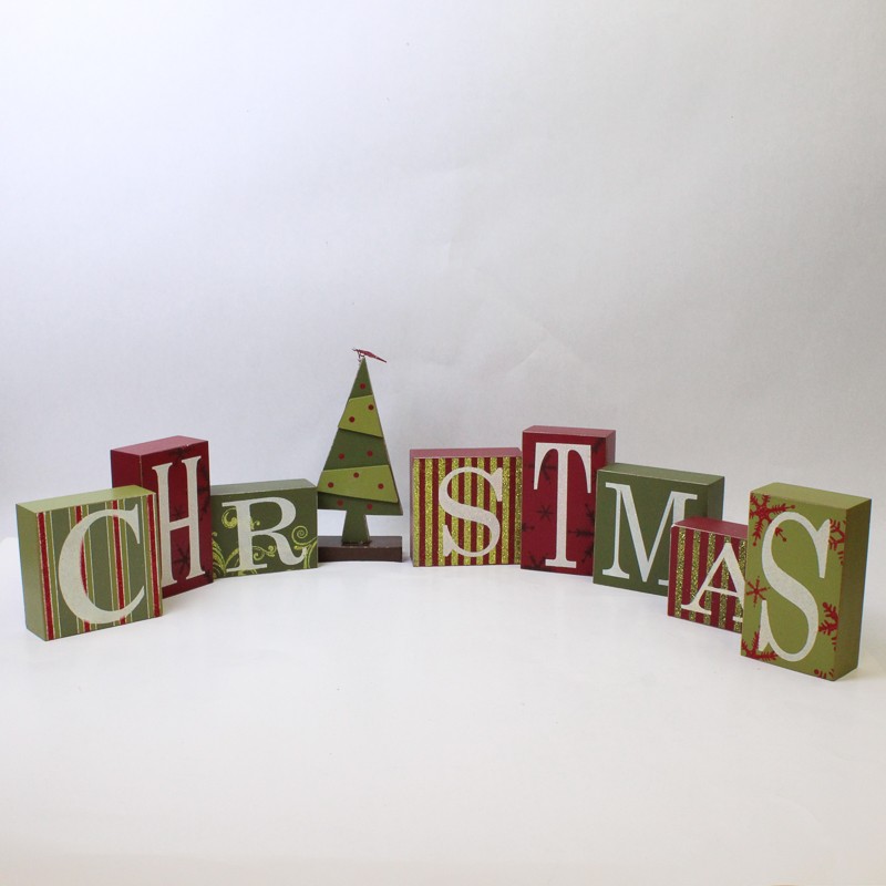 Set of Decorative Wooden Christmas Blocks W/Tree Holiday Collectible