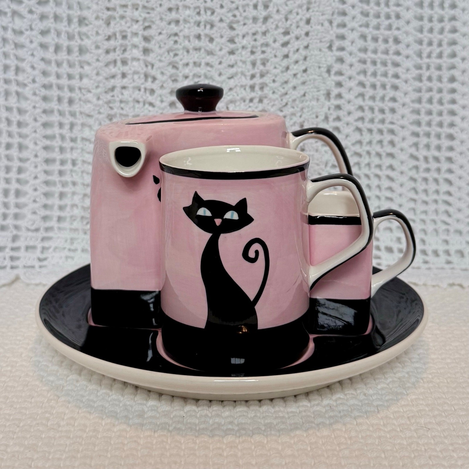 Vintage Hues n Brews Cattitude Pink & Black Cat Tea 4 One: Set Complete Mint MCM