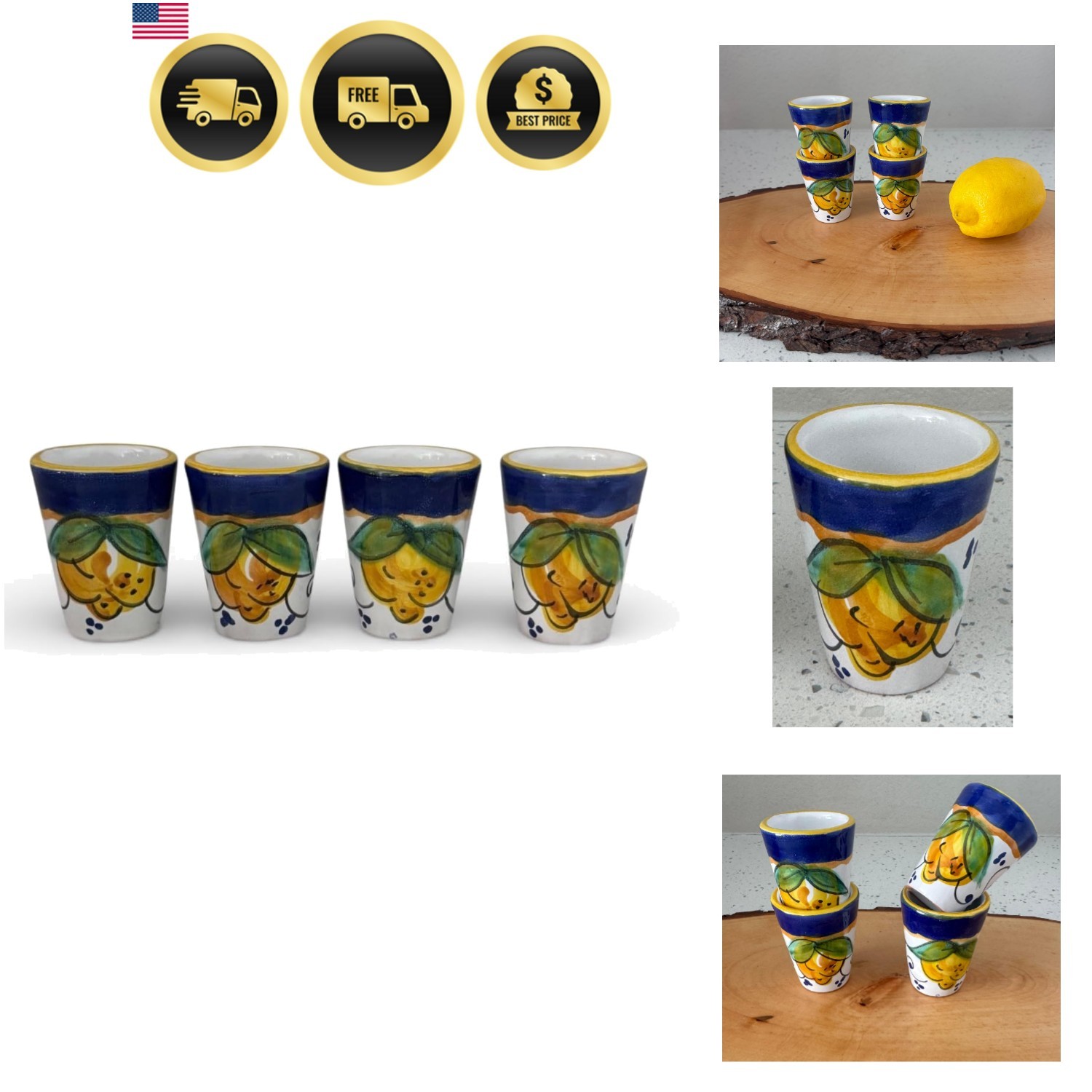 Hand Painted Italian Ceramic Limoncello Glasses - Set of 4 Lemon Shot Cups, A...