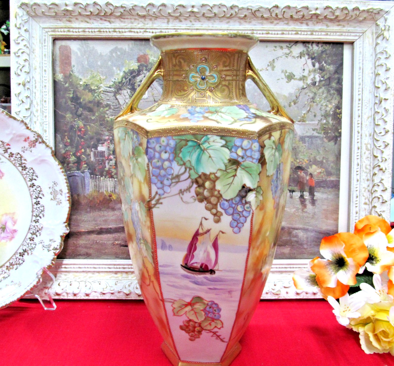 Nippon hand painted VASE URN oaunted grapes and lake scene with sailboat gold