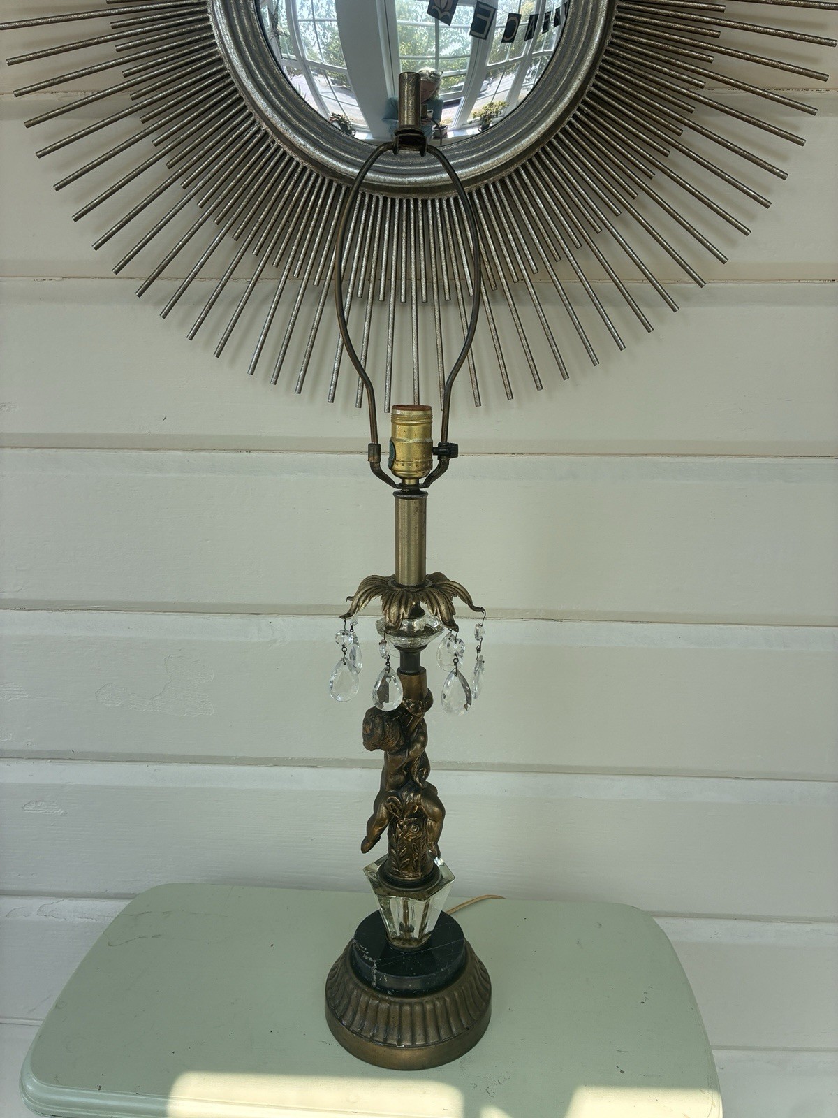 Vintage MCM Brass Marble & Chrystal Cherub Lamp Hollywood Regency Style-Works