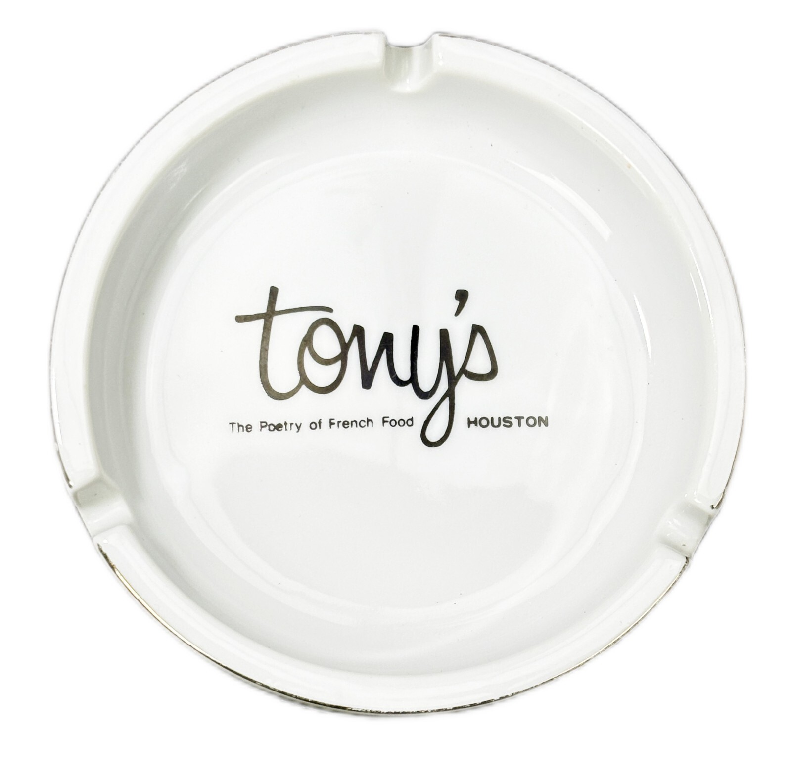Rudi’s Restaurant 4.5” Porcelain Ashtray White Black Gold Rim