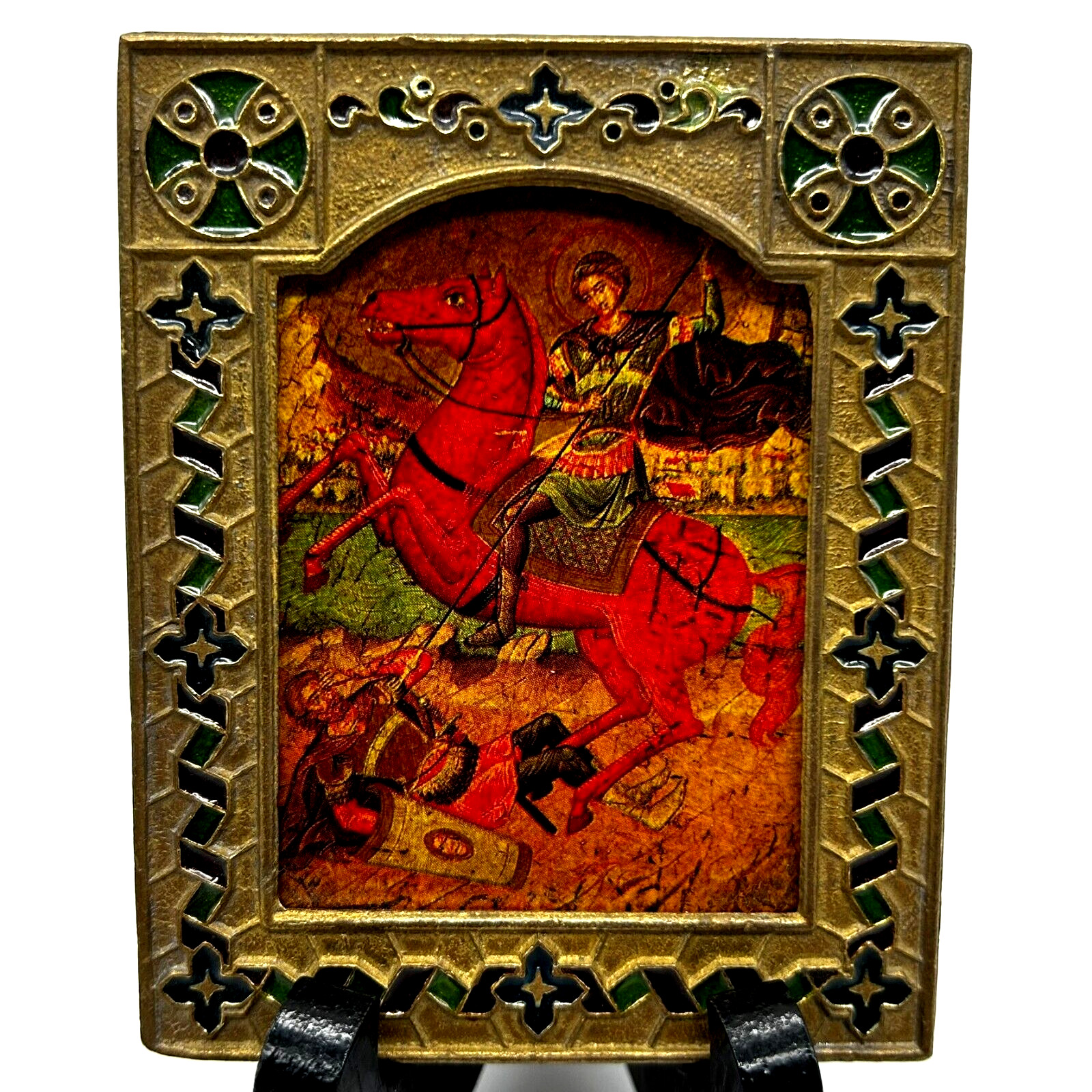 Vintage Greek Cloisonne Icon Saint Demetrios Byzantine Wood Metal Frame Wall Art