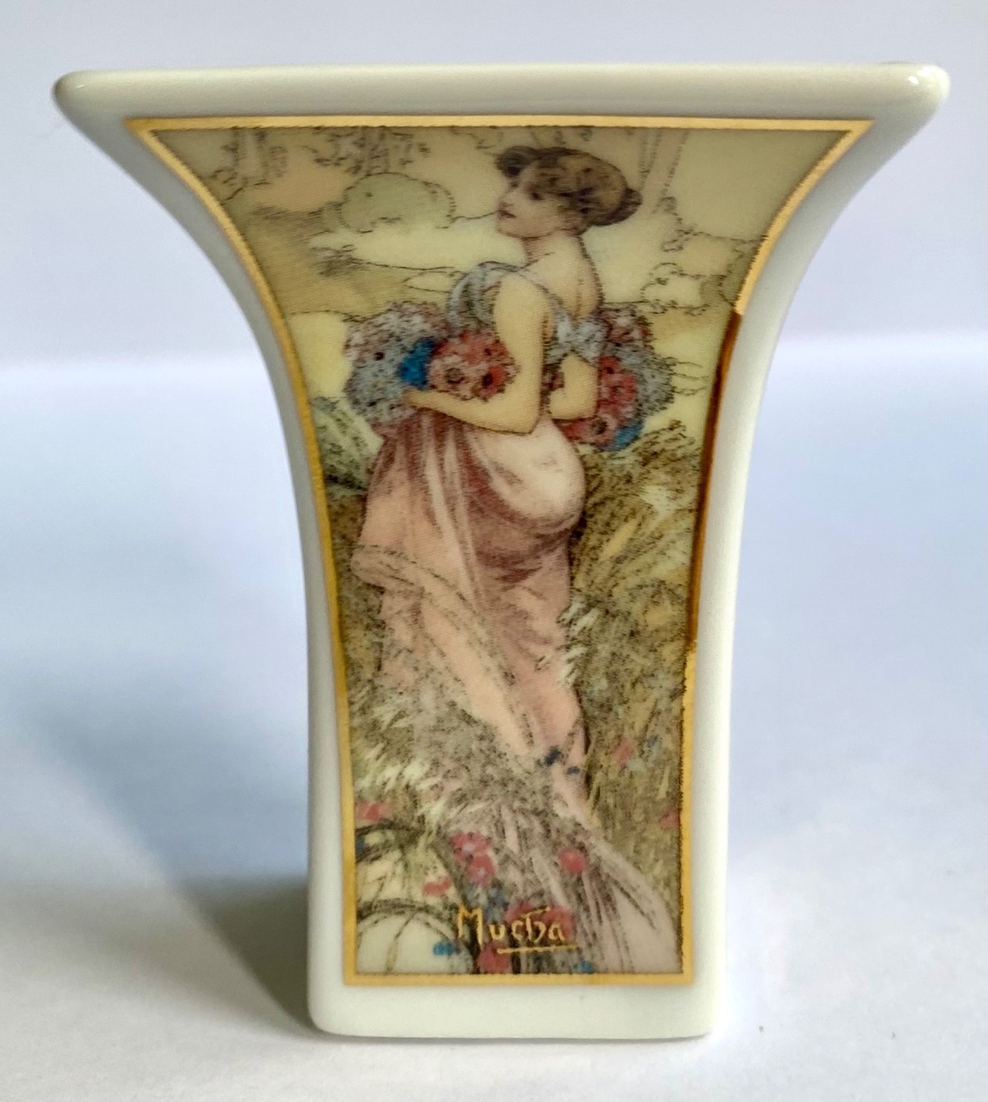 Alphonse Mucha Four Seasons Art Nouveau Goebel Porcelain Mini Vase 2 1/2” Tall