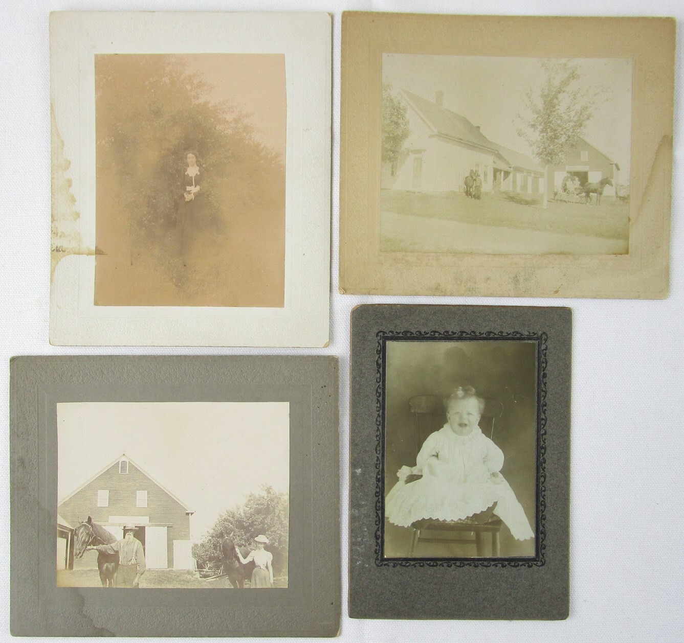 Lot of 4 FADED & AGED Antique Photos Cabinet Cards, Horses, Barn, House, Baby