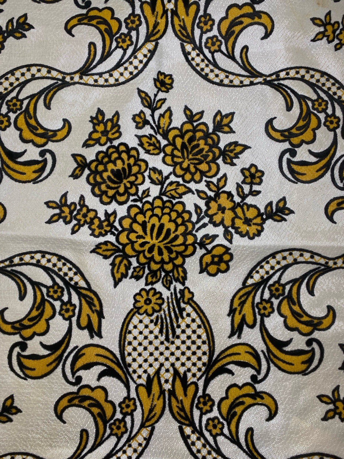 2 MCM Regency Gold & Black Fiberglass Flocked Pinch Pleat Curtains Drapes Vtg