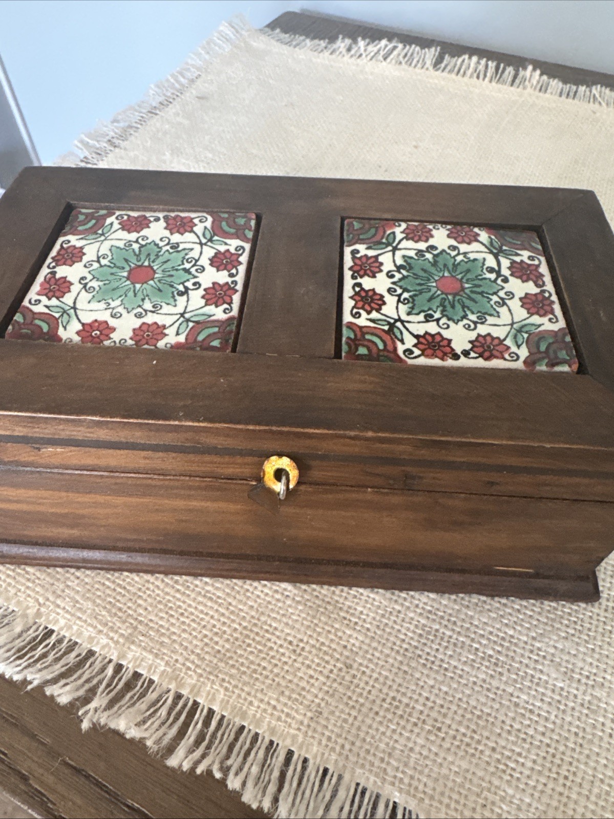 Handmade Wood Trinket Box With Two Ceramic Tiles
