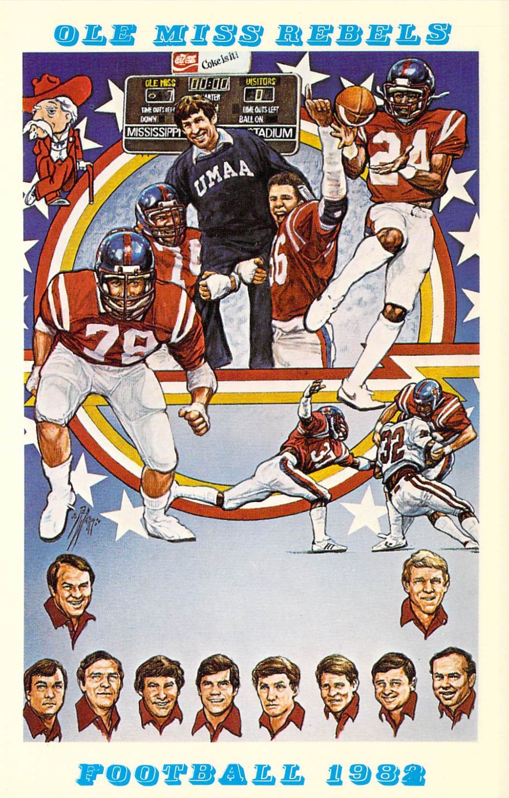 1982 OLE MISS Rebels Coaches University of MS Rebels TED WATTS postcard A55
