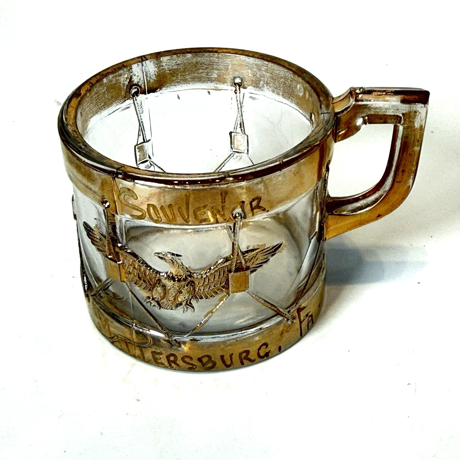 MILLERSBURG PA Antique DEPRESSION VICTORIAN EAGLE GOLD Glass Souvenir CUP MILLERSBURG PA Antique DEPRESSION VICTORIAN EAGLE GOLD Glass Souvenir CUP